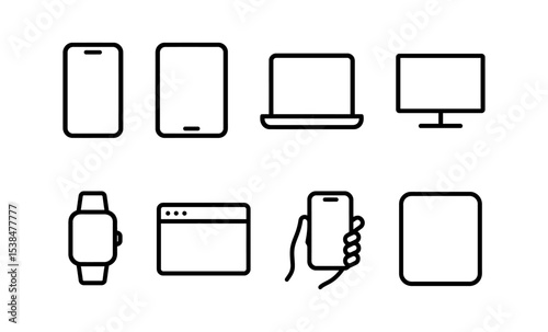 Minimalist tech icon set featuring smartphone tablet laptop monitor smartwatch and web interface vector illustration