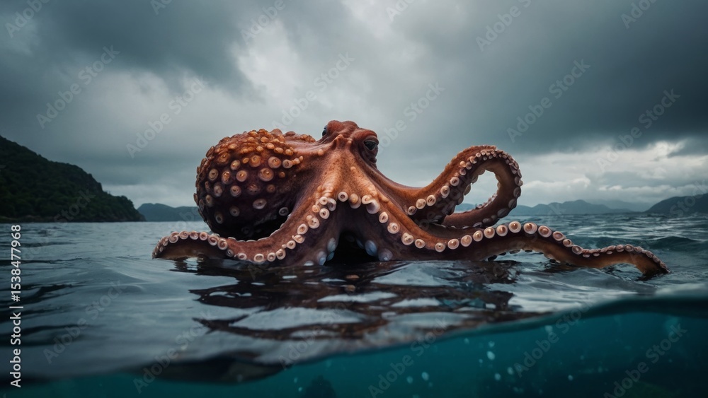 Naklejka premium Giant Octopus Resting on the Ocean Surface Under Cloudy Sky