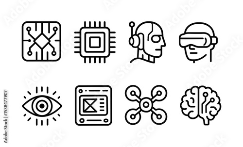 Futuristic technology icons: ai, vr, robotics, and microchips in bold line art vector illustration