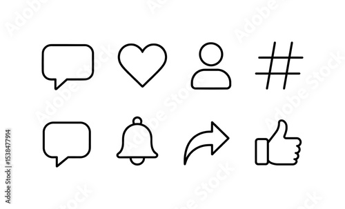 Minimal social media icons: speech bubble, heart, user, hashtag, bell, share, like symbols vector illustration