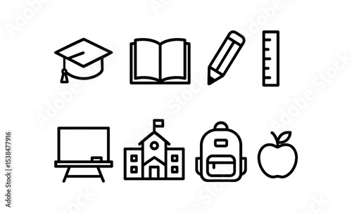 Education icon set: graduation cap, book, pencil, ruler, blackboard, school, backpack, apple vector illustration