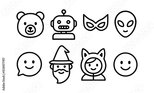 Minimalist icon set featuring bear, robot, mask, alien, speech bubble, wizard, animal costume, and smiley vector illustration