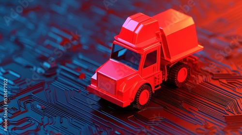Toy truck on circuit board background with blue-red lighting