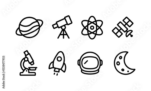 Iconic space exploration symbols: telescope, rocket, satellite, astronaut, moon vector illustration