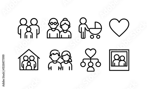 Family icons set: generations, parenting, love, and connections in minimalist line art vector illustration