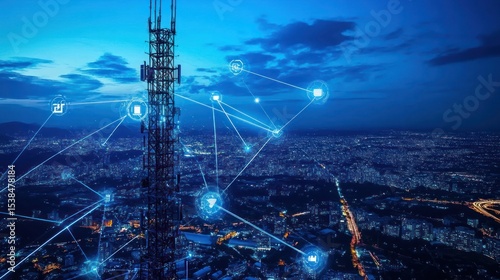 Abstract depiction of telecommunications tower and network connectivity in a cityscape