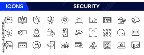 Robust vector web line icons depicting security, cybersecurity, locks, encryption, protection, and safe digital environments for user confidence.