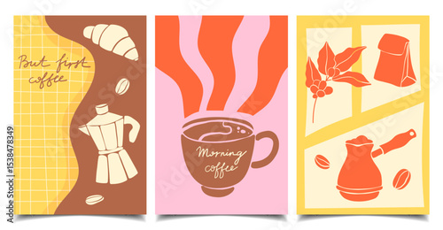 Collection of vertical coffee posters in a flat style