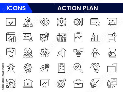 Strategic vector web line icons depicting action plans, goals, timelines, tasks, and organized workflows for effective project execution.
