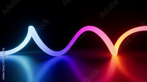 3d animation of a multicolored neon line with loops, glowing in the dark and reflected in a mirrored floor. Abstract motion design of a wavy ribbon