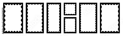 Set of black rectangular frames with inner corrugated wavy stamp-style cutouts. Text box frameworks with curvy inner border. 