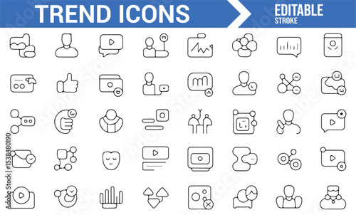 Set of trend, analytics, and engagement icons representing social media actions