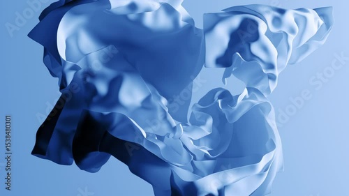 blue sheets of fabric collected in layers, isolated on plain background, dynamically unfold and scatter chaotically, billowing in the wind. Abstract 3D minimalist motion design