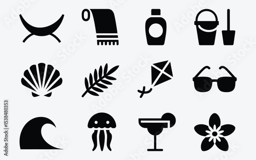 Simple Black and White Summer Icons Set