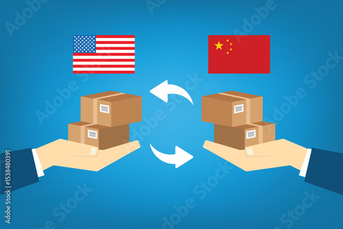 Concept of USA and China trade war. Economic trade war between USA and China concept. Growing diagrams, charts. Vector illustration	