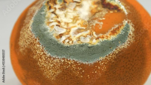 Rotten mandarin. Tangerine covered with mold. Rotten citrus fruit, rotates on dark background, close-up shot video