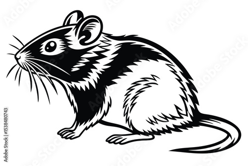 Black and white mouse with large ears and whiskers is sitting peacefully