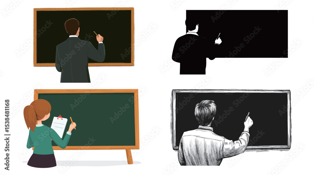 Teacher writing on blackboard – classroom scene in vector graphic style, education concept illustration, flat design with academic atmosphere Teacher writing on blackboard – classroom scene in vector graphic style, education concept illustration, flat design with academic atmosphere