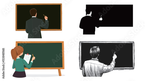 Teacher writing on blackboard – classroom scene in vector graphic style, education concept illustration, flat design with academic atmosphere