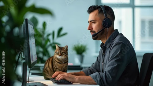 Home-based customer service rep assists clients with a cat nearby