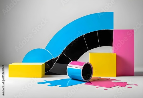 graphic design elements with cmyk colors, paper rolls, and paint splashes
