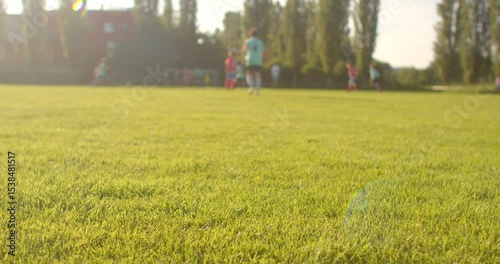 A lively soccer training session on a sunlit field, with enthusiastic players engaged in practice, showcasing teamwork and skill development, reflecting their dedication