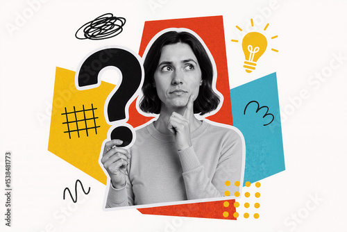 Pensive businesswoman holding question mark and thinking about solution, finding new ideas