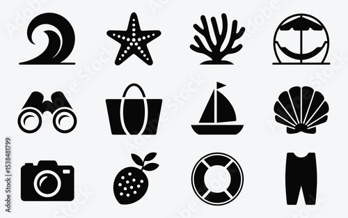 Summer vacation icons beach sea and travel symbols