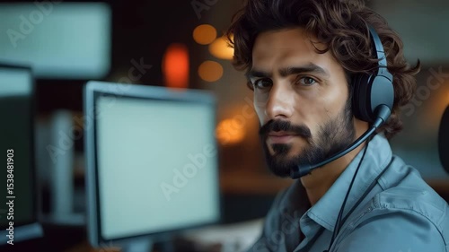 A man uses a headset to communicate with customers in a busy office setting. Customer service feedback