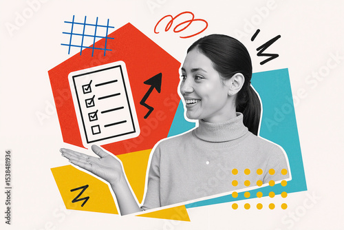 Creative collage representing positive business performance with checklist and trend, ideal for advertising campaigns