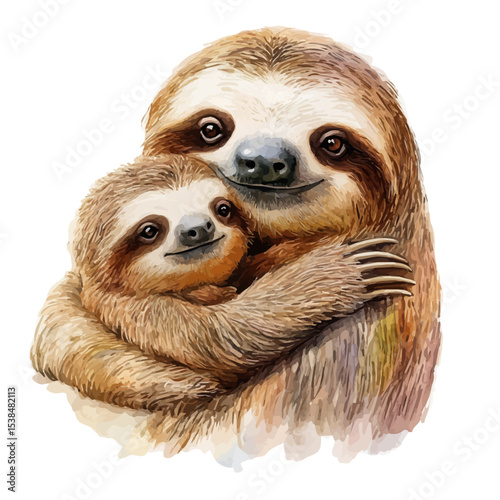 A Mother Sloth With Her Kid, watercolor vector, isolated on a white background.