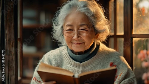 Elderly woman reading a book by the window.Happy retired woman enjoying a book in her cozy home