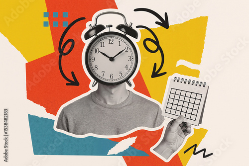 Creative collage of man with alarm clock head holding calendar, symbolizing time management, planning, and scheduling