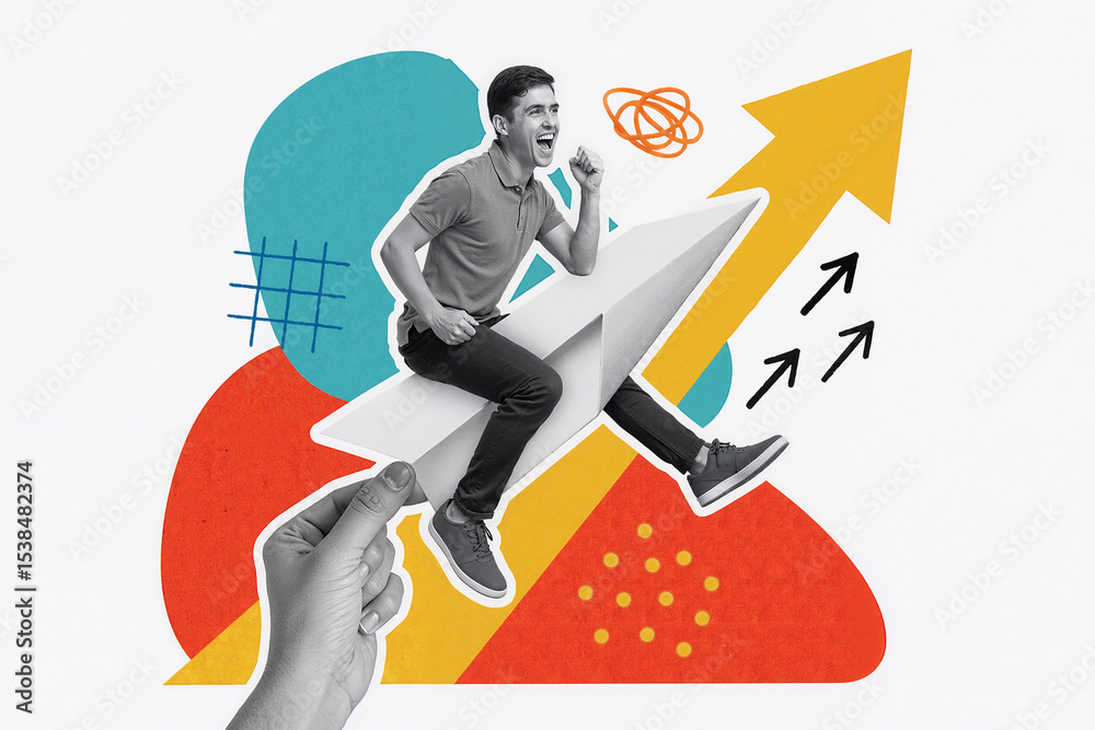 Creative collage of businessman riding paper airplane celebrating his career growth, business success concept Creative collage of businessman riding paper airplane celebrating his career growth, business success concept