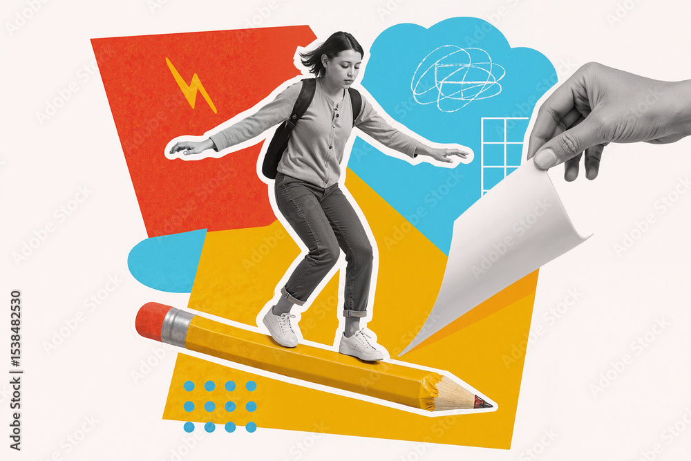 Fototapeta premium Creative collage suggesting education challenges, creativity and inspiration, featuring a student surfing on a pencil