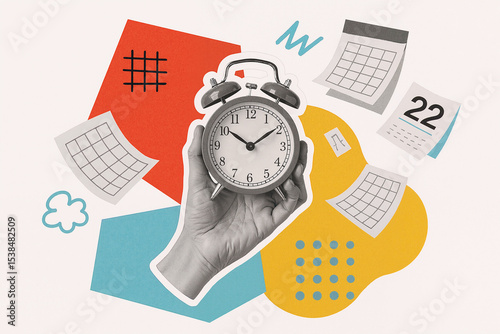 Hand holding alarm clock with calendars and colorful abstract shapes in the background, time management concept 