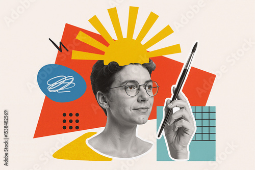Artist holding brush composing creative collage with geometric shapes and sun