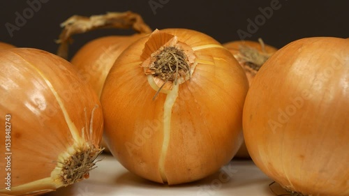 Bulb onion rotates on dark background, close-up shot video