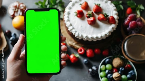 Hands holding smartphone with green screen mockup over table with cake and fruits