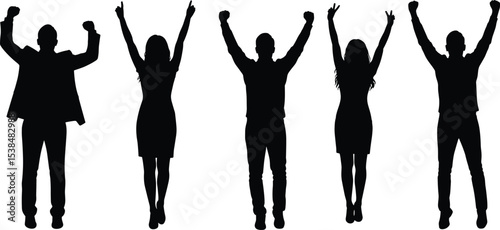 Silhouettes of cheering people, celebrating success with raised hands, business and casual poses, black vector illustration