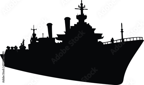 Silhouette of a Naval Warship Against a White Background, starboard side