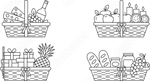 Four gift baskets with various items line art