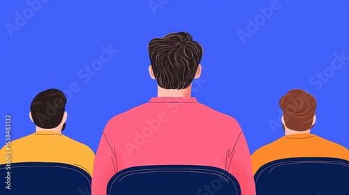 Three Men Sitting with Colorful Shirts in Simple Background