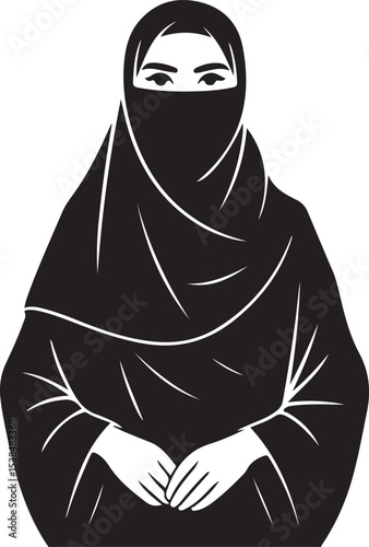 Black and white illustration of a woman in niqab