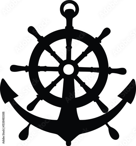 Classic black and white silhouette of a ship wheel and anchor