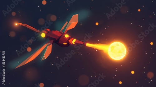 Low-poly spaceship, dragonfly-like, firing energy blast, in space