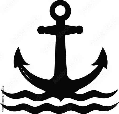 Black and white anchor with waves design for nautical themes and logos