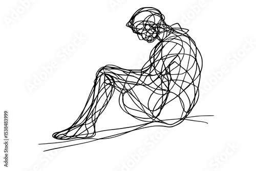 Abstract Continuous Line Drawing of a Pensive Seated Person