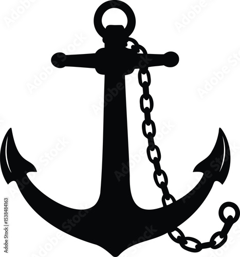 Simple Black Anchor with Chain Illustration on a White Background Design