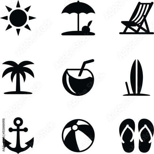 Summer vacation icons sun beach and sea symbols